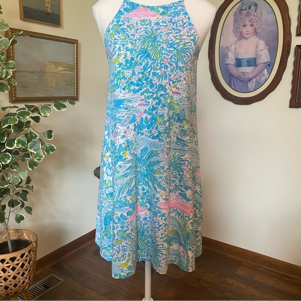 Lilly Pulitzer Pima Cotton Halter Swing Dress w/ Tassel Back XS Blue/Pink Scenic
